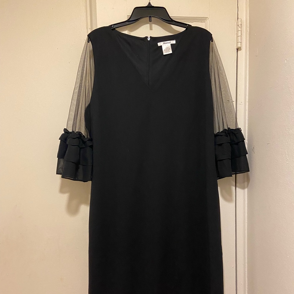 Masseys Black Dress with sheer sleeves and ruffles, this dress is fully lined.